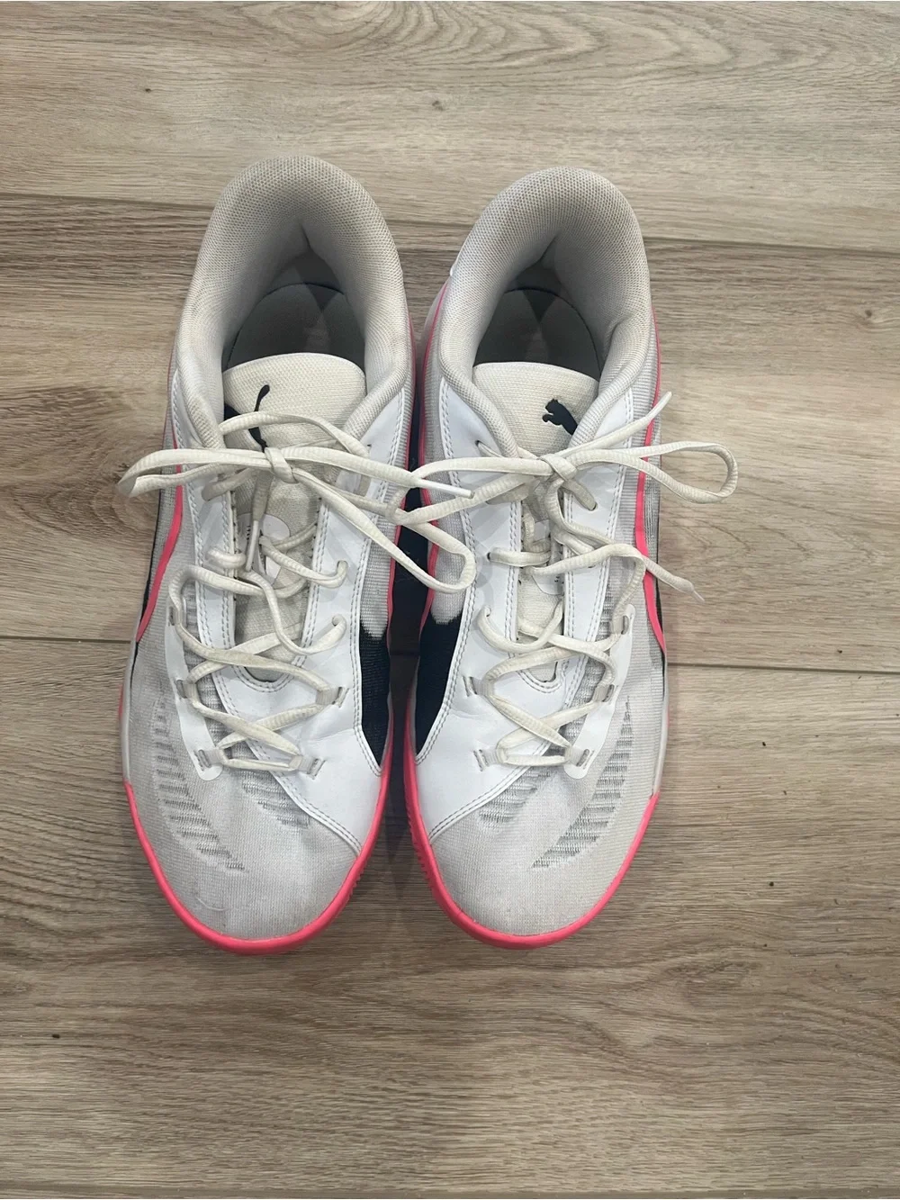 Puma AllPro Basketball Shoes White Sneakers with Pink Accents and Black Logo